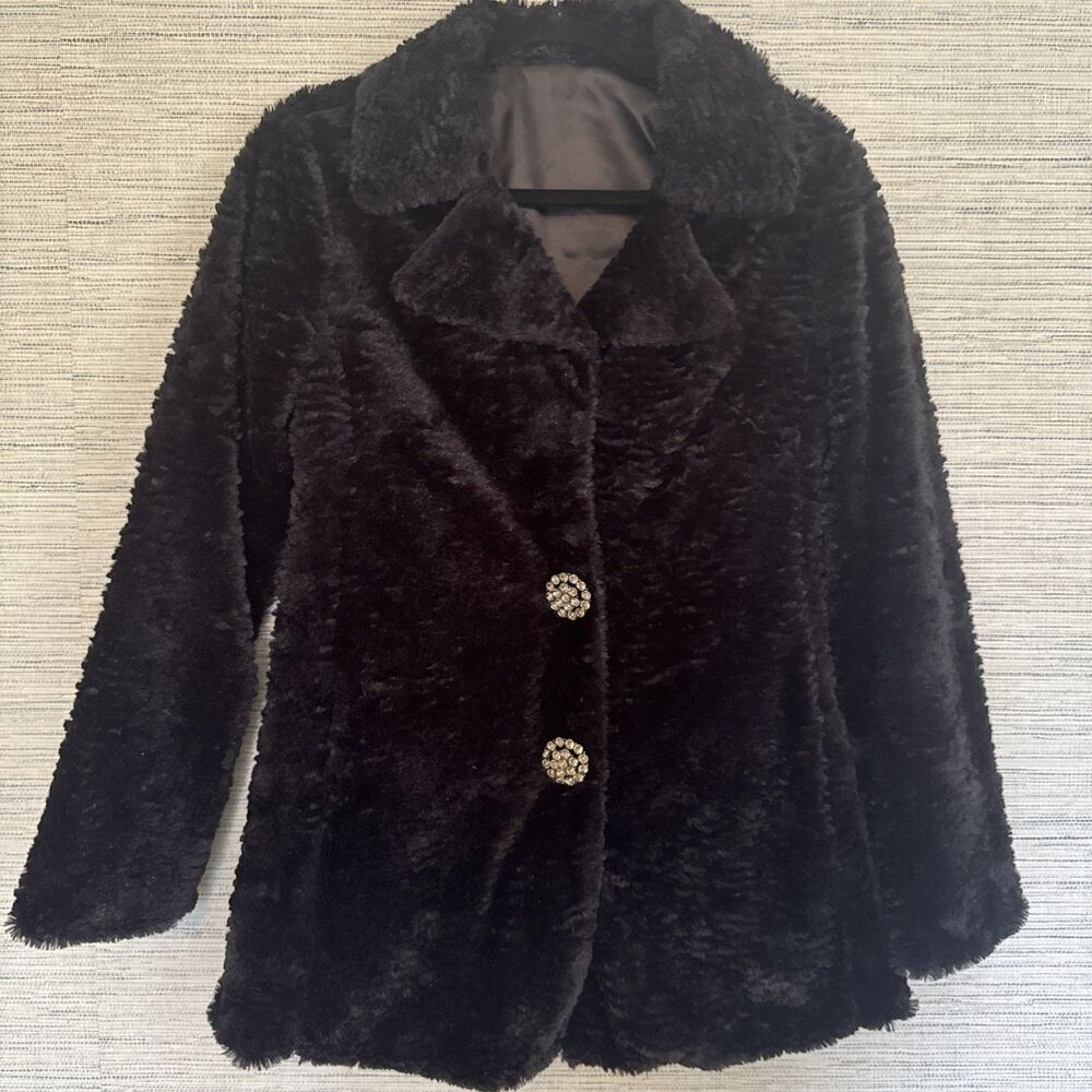 Black Faux Fur Jeweled Button Medium Coat Jacket